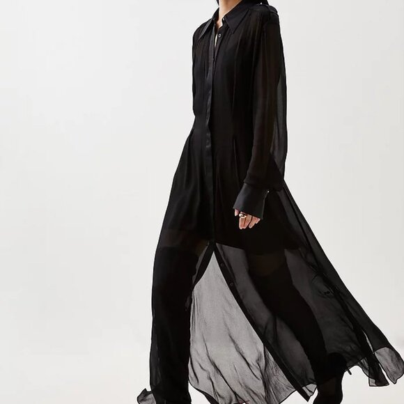 French YUMI MAZAO Sheer Black Poly Long Shirt Dress 2 M - Picture 3 of 7
